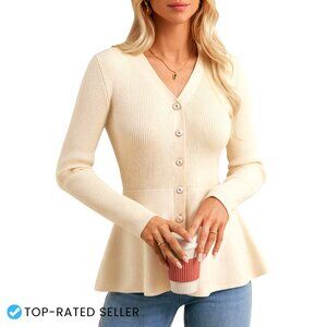 Lightweight Cardigan Sweater V-Neck Peplum Business Casual Elegant Chic